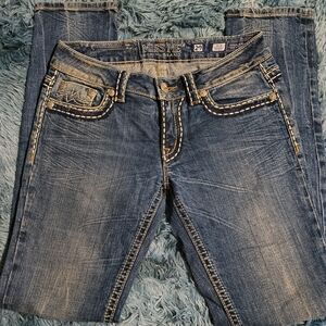 Miss Me Skinny Jeans in Blue with Tan Stitching